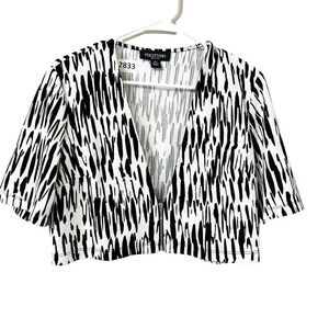 Vtg Perceptions Womens Black White Cropped Blouse 16P Deep V Neck Zip Zebra